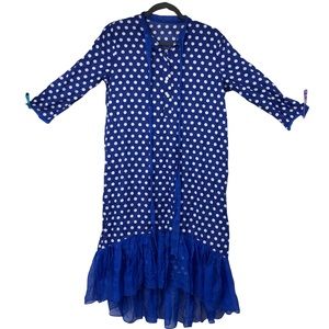 Handmade Shift Dress Blue & White Polka Dots; Sheer Polyester Vintage Raw Hems